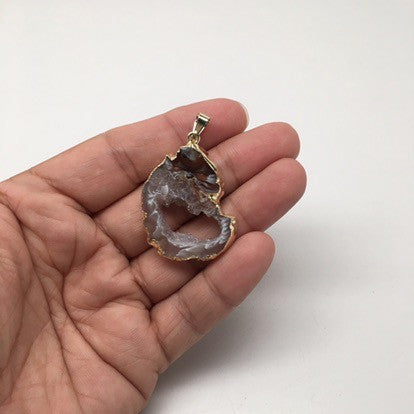 34.5 Cts Agate Druzy Slice Geode Gold Plated Pendant Handmade from Brazil,Bp881
