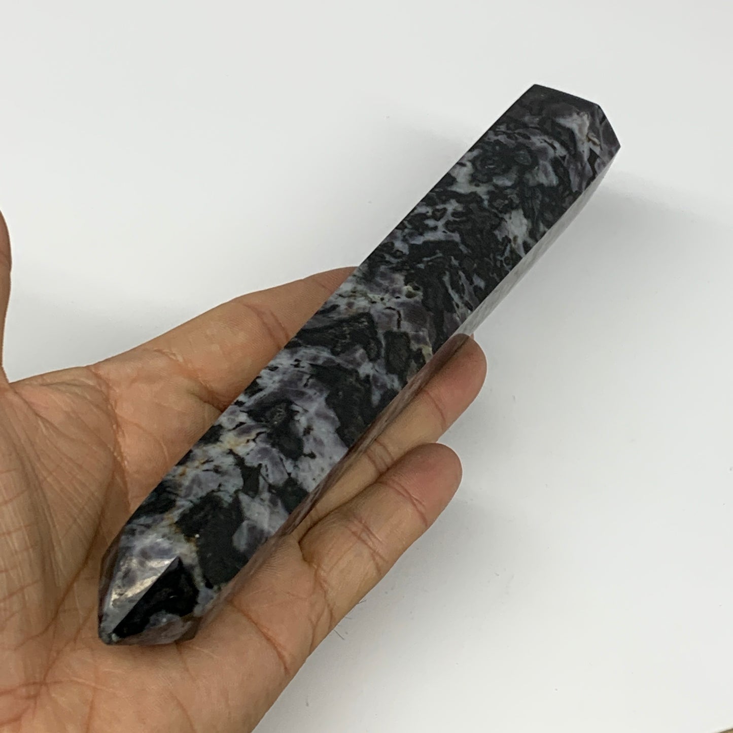 314.6g, 7.2" x 1.4" x 1.1" Indigo Gabro Merlinite Point Tower @Madagascar,B18335
