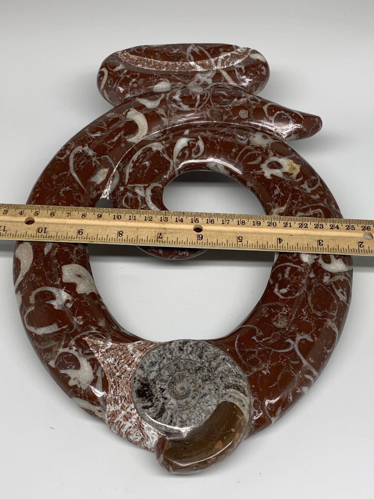 2438g, 12.75"x8.5"x0.9" Red Shell Fossils Orthoceras Ammonite Sculpture @Morocco