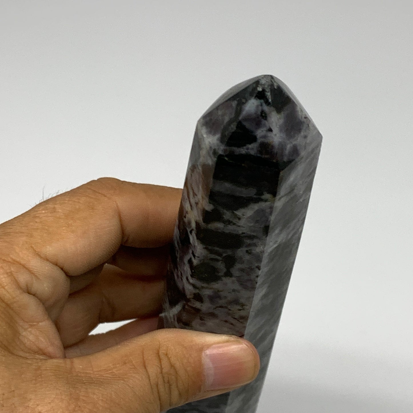 314.6g, 7.2" x 1.4" x 1.1" Indigo Gabro Merlinite Point Tower @Madagascar,B18335