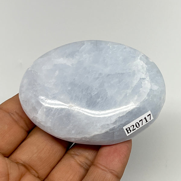 104.8g, 2.7"x2"x0.8" Blue Calcite Small Palm-Stone Tumbled @Madagascar, B20717