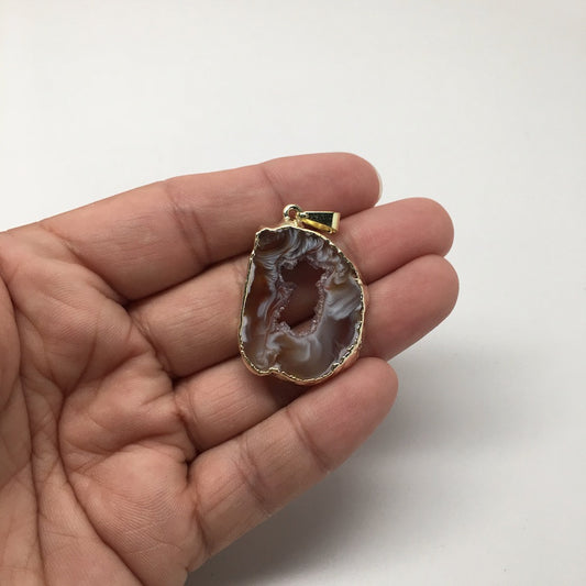 35.5 Cts Agate Druzy Slice Geode Gold Plated Pendant Handmade from Brazil,Bp896