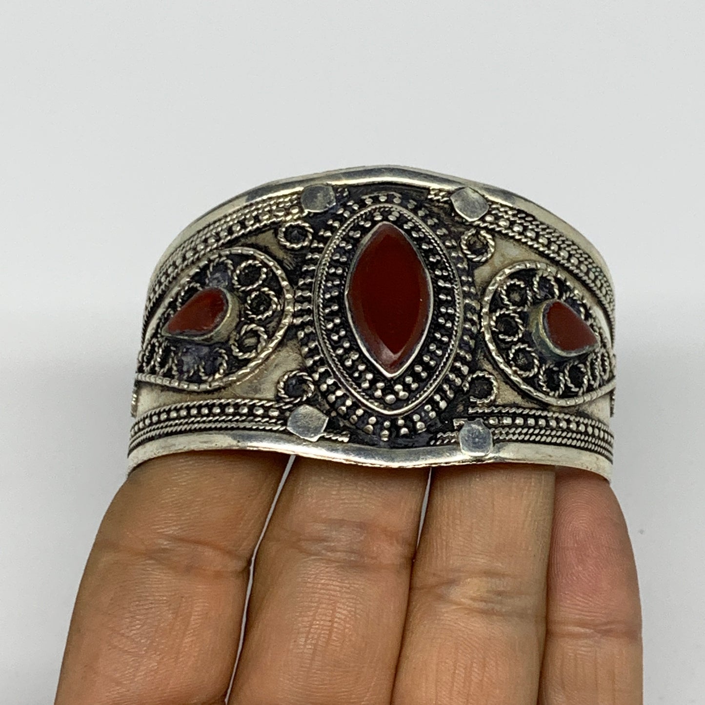 33.1g, 1.6" Red Carnelian Turkmen Cuff Bracelet Tribal Small Marquise, B13438