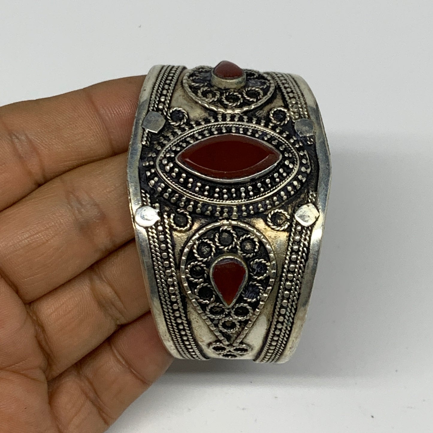 33.1g, 1.6" Red Carnelian Turkmen Cuff Bracelet Tribal Small Marquise, B13438