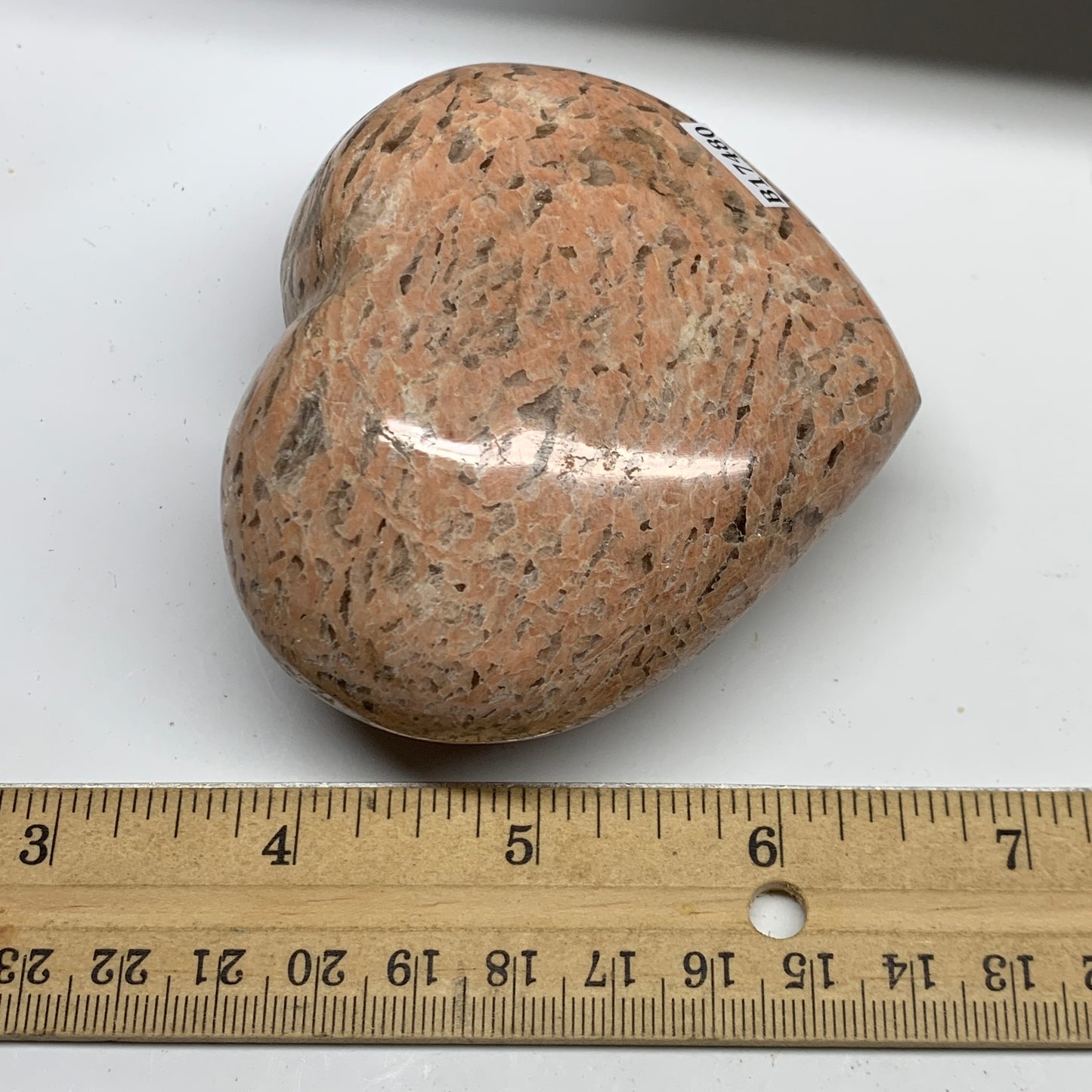 295.2g,2.8"x3.2"x1.5", Pink Peach Moonstone Heart Crystal Polished Reiki,B17480