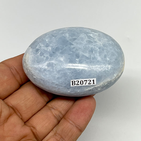 101.3g, 2.5"x1.8"x1" Blue Calcite Small Palm-Stone Tumbled @Madagascar, B20721