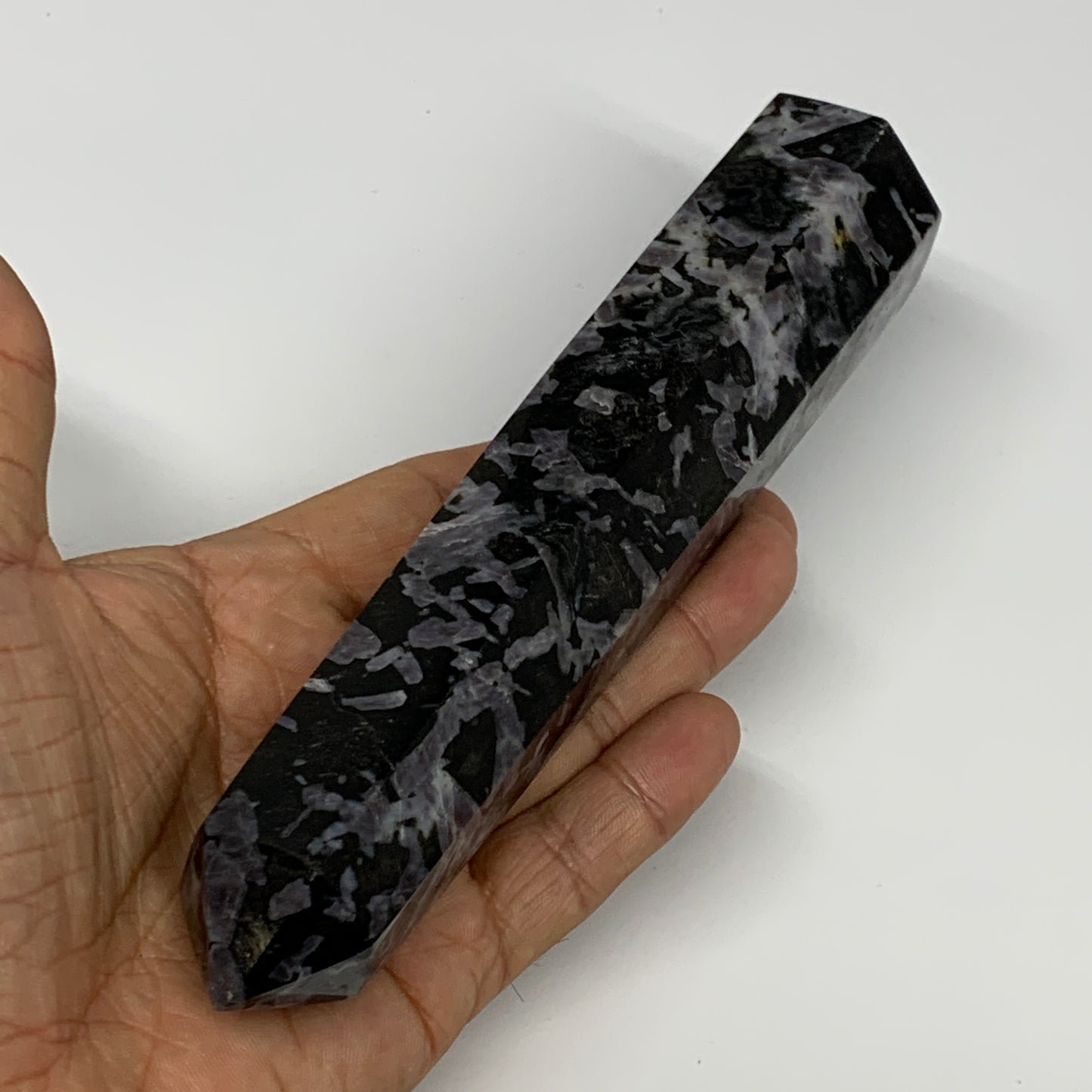 345.4g, 6.8" x 1.5" x 1.2" Indigo Gabro Merlinite Point Tower @Madagascar,B18346
