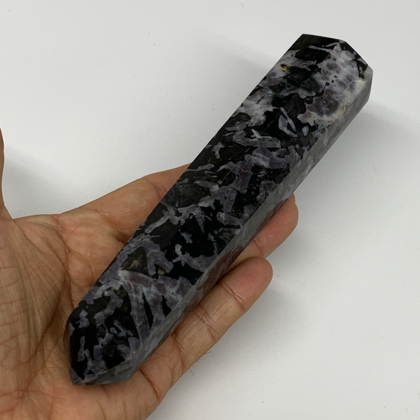 345.4g, 6.8" x 1.5" x 1.2" Indigo Gabro Merlinite Point Tower @Madagascar,B18346
