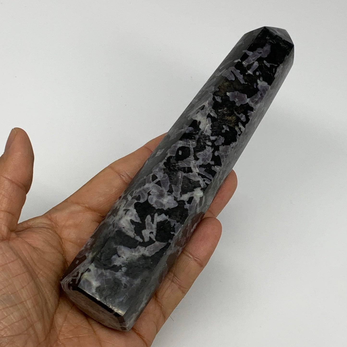 345.4g, 6.8" x 1.5" x 1.2" Indigo Gabro Merlinite Point Tower @Madagascar,B18346