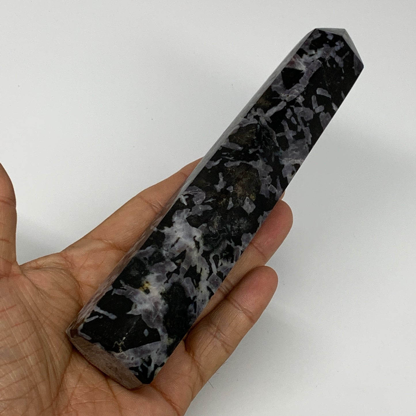 345.4g, 6.8" x 1.5" x 1.2" Indigo Gabro Merlinite Point Tower @Madagascar,B18346