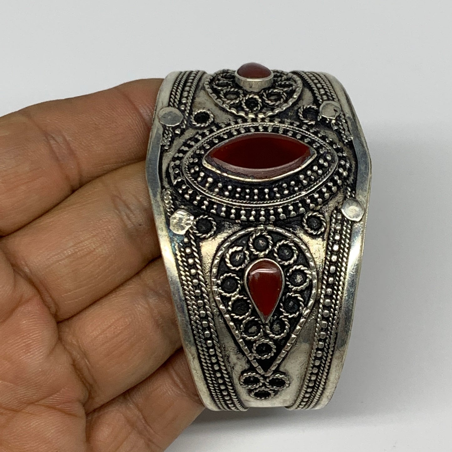 32.6g, 1.6" Red Carnelian Turkmen Cuff Bracelet Tribal Small Marquise, B13443