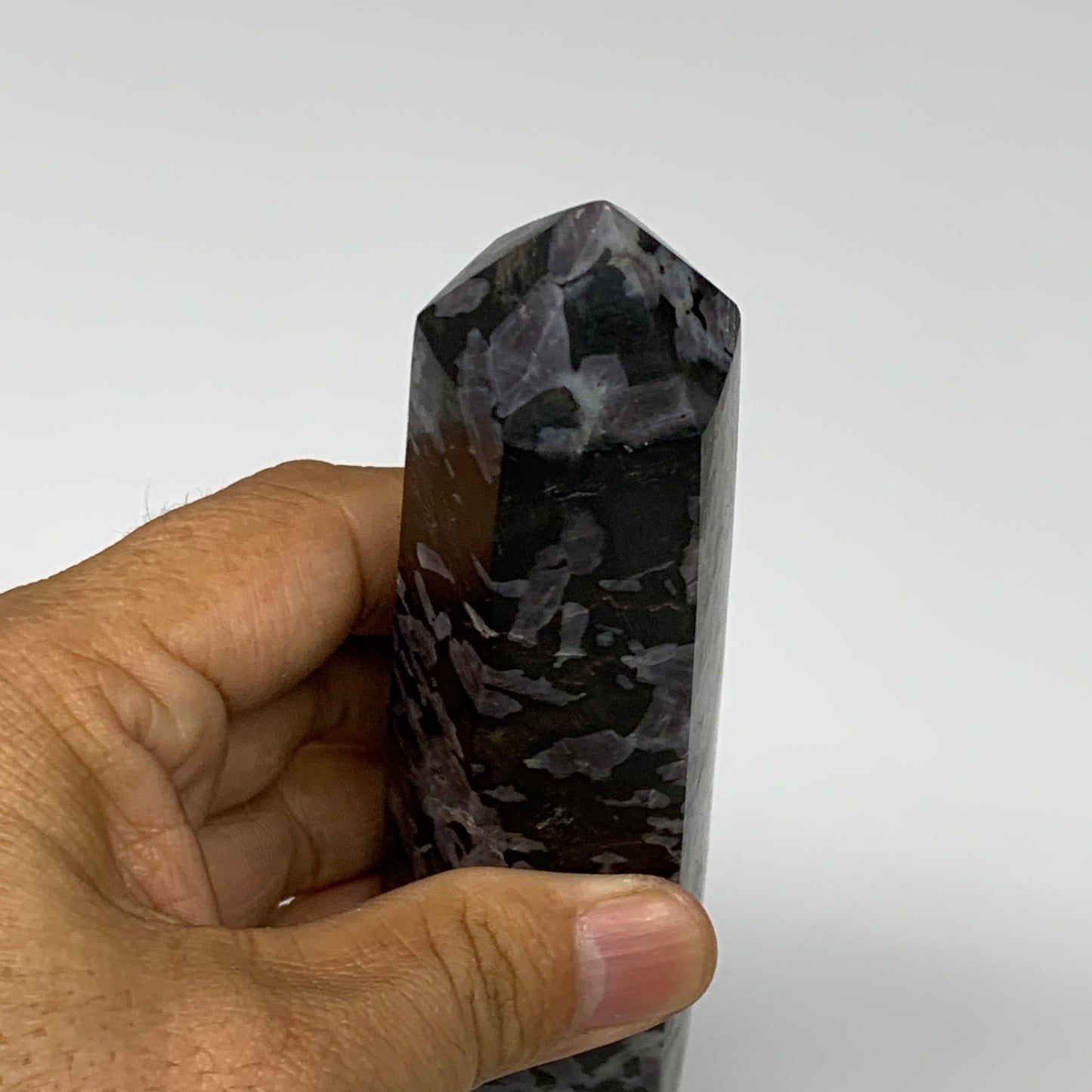 345.4g, 6.8" x 1.5" x 1.2" Indigo Gabro Merlinite Point Tower @Madagascar,B18346