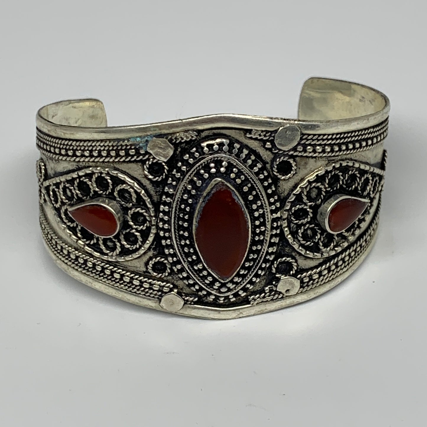 32.6g, 1.6" Red Carnelian Turkmen Cuff Bracelet Tribal Small Marquise, B13443