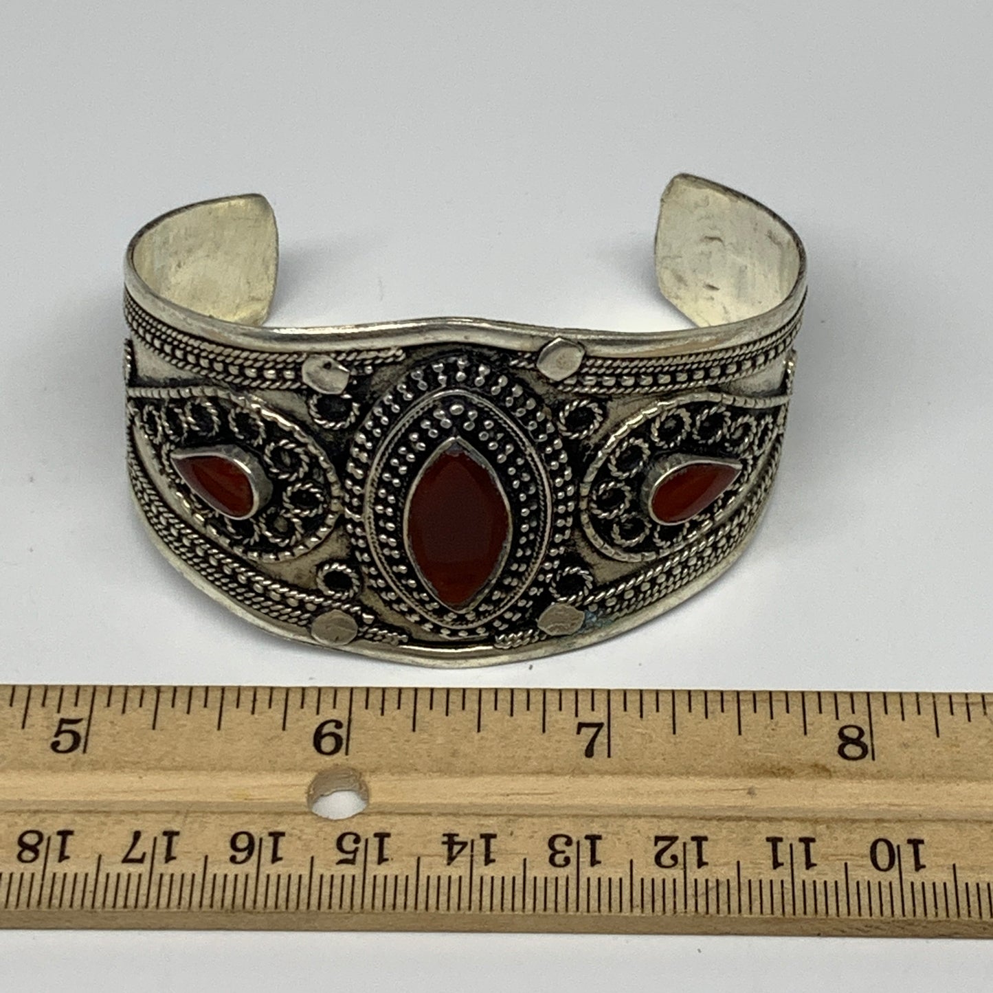 32.6g, 1.6" Red Carnelian Turkmen Cuff Bracelet Tribal Small Marquise, B13443