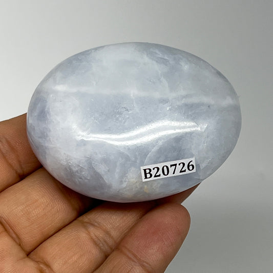 111g, 2.4"x1.9"x1" Blue Calcite Small Palm-Stone Tumbled @Madagascar, B20726