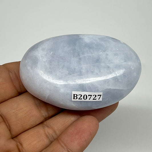 99.9g, 2.5"x1.6"x1" Blue Calcite Small Palm-Stone Tumbled @Madagascar, B20727