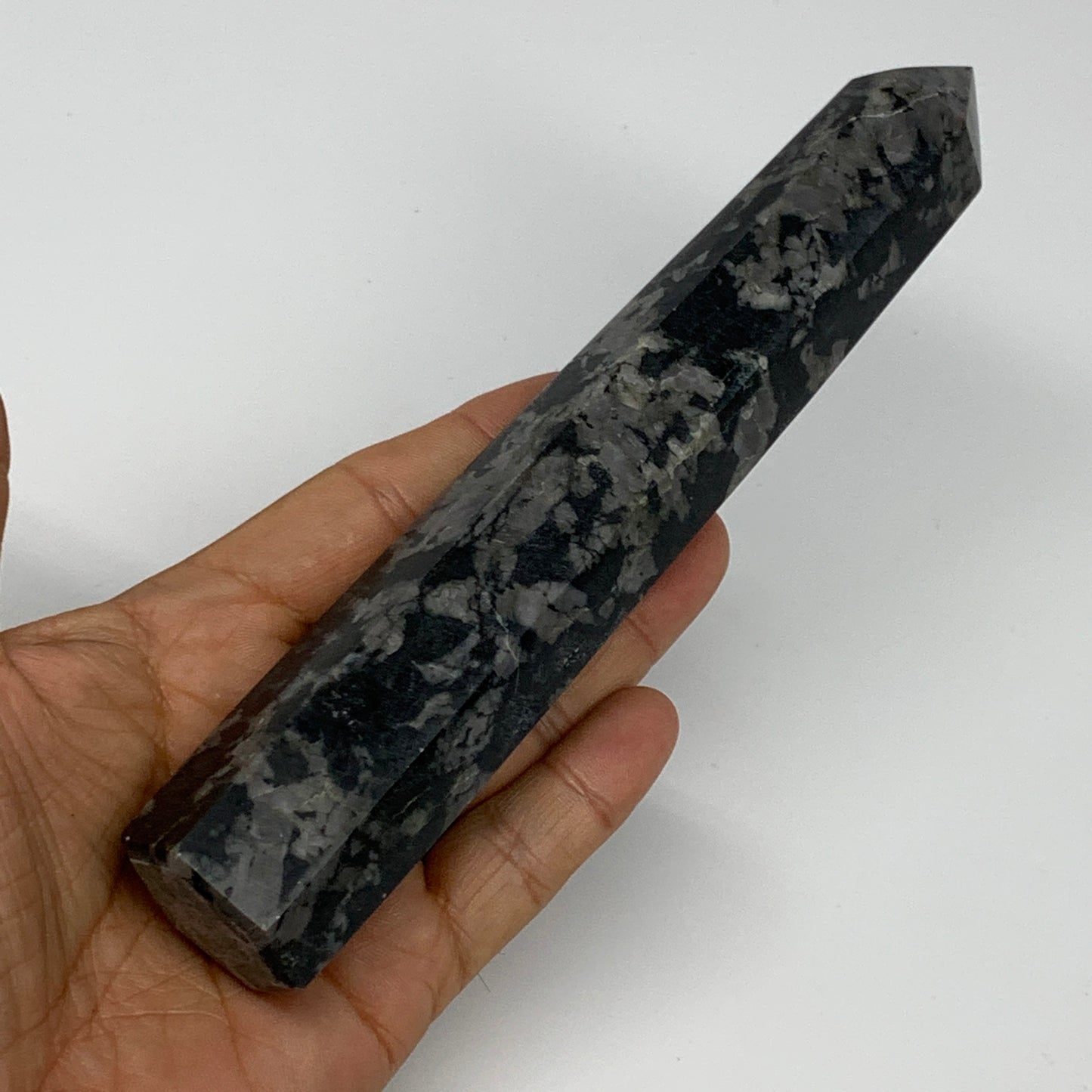 304.7g, 7.3" x 1.3" x 1.1" Indigo Gabro Merlinite Point Tower @Madagascar,B18354