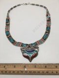 Ethnic Tribal Lapis, Turquoise & Red Coral Inlay Boho Statement Necklace,NPN91