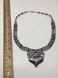 Ethnic Tribal Lapis, Turquoise & Red Coral Inlay Boho Statement Necklace,NPN91