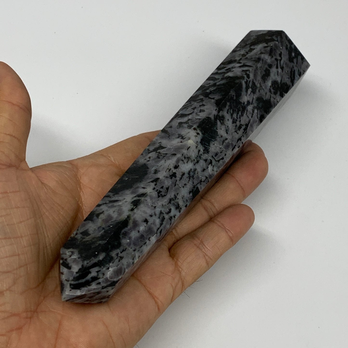 347.3g, 6.9" x 1.5" x 1.3" Indigo Gabro Merlinite Point Tower @Madagascar,B18360