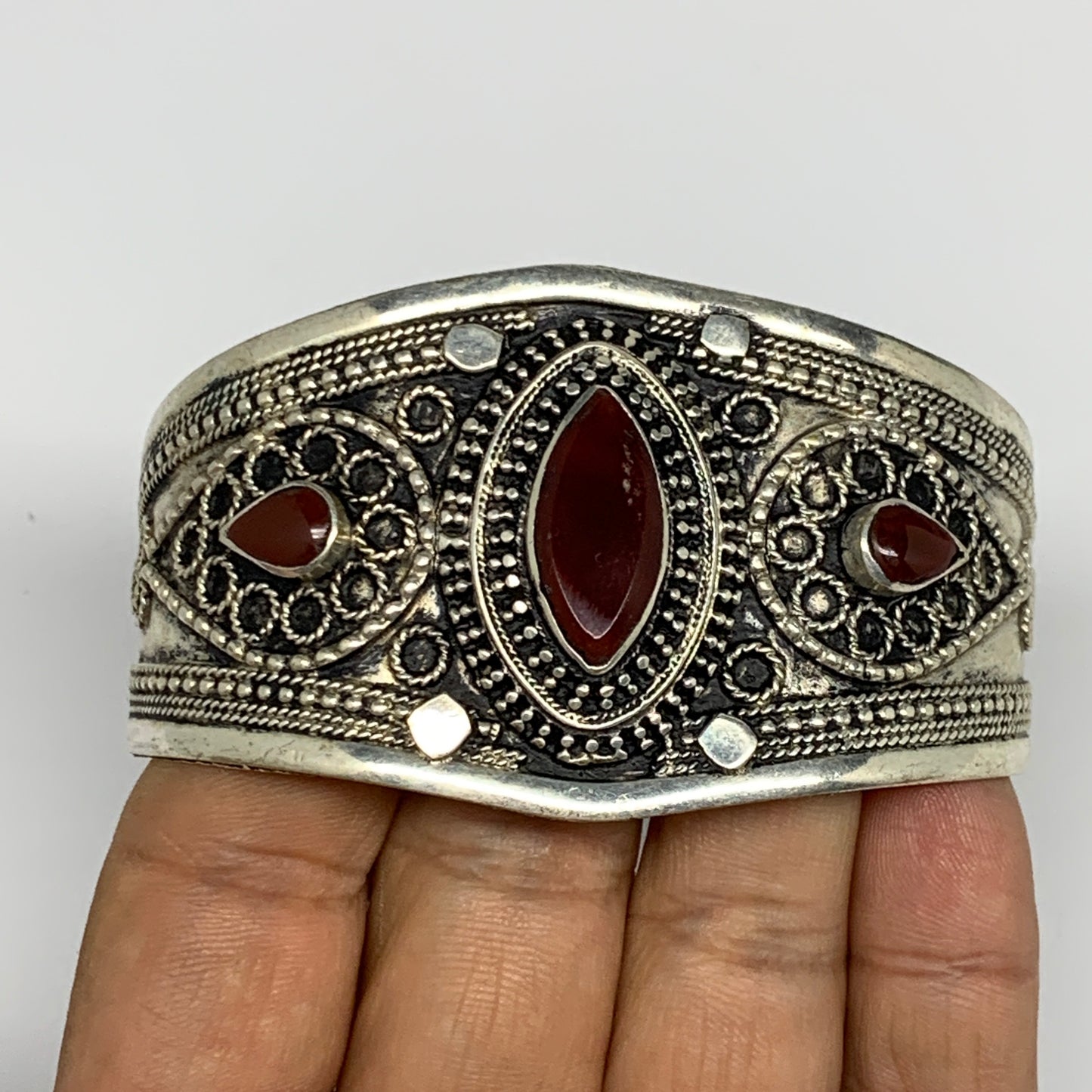 33.4g, 1.6" Red Carnelian Turkmen Cuff Bracelet Tribal Small Marquise, B13460