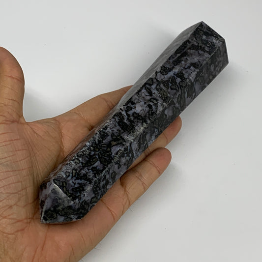 418.6g, 7.7" x 1.6" x 1.3" Indigo Gabro Merlinite Point Tower @Madagascar,B18364