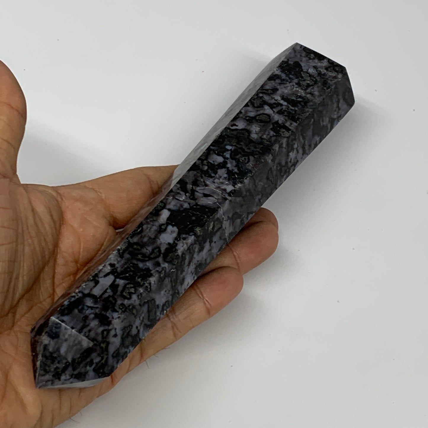 418.6g, 7.7" x 1.6" x 1.3" Indigo Gabro Merlinite Point Tower @Madagascar,B18364