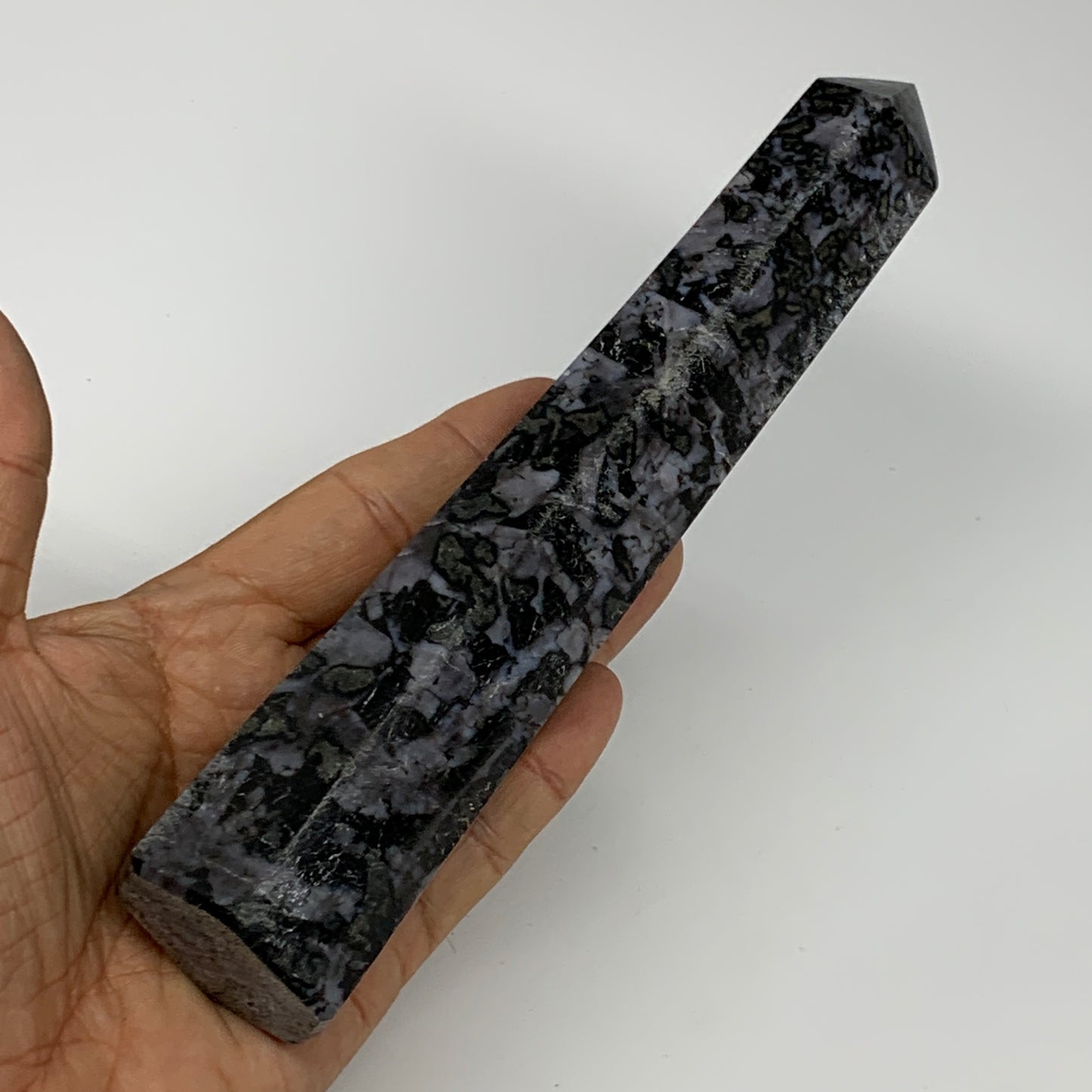 418.6g, 7.7" x 1.6" x 1.3" Indigo Gabro Merlinite Point Tower @Madagascar,B18364