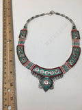 Ethnic Tribal Green Turquoise & Red Coral Inlay Boho Statement Necklace, NPN60