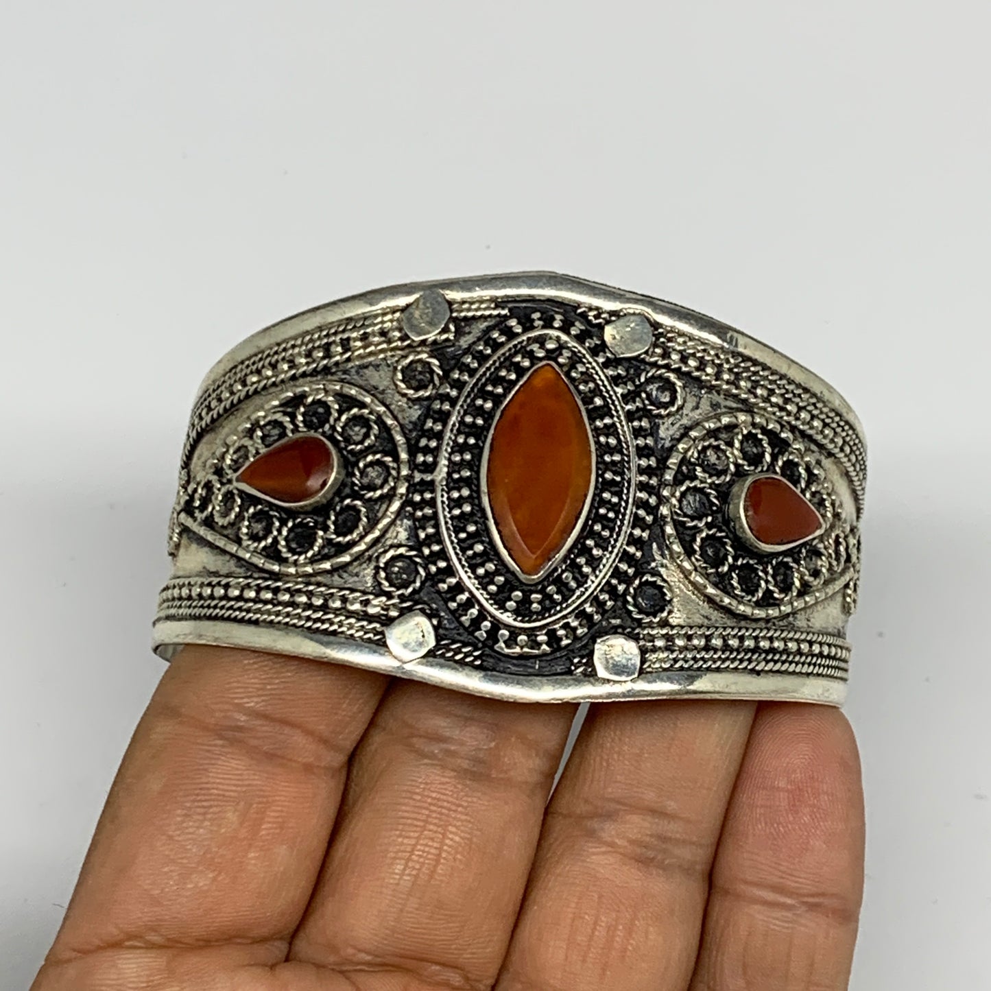 31.6g, 1.6" Red Carnelian Turkmen Cuff Bracelet Tribal Small Marquise, B13466