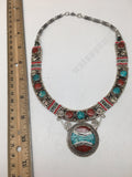 Ethnic Tribal Green Turquoise & Red Coral Inlay Boho Statement Necklace, NPN54