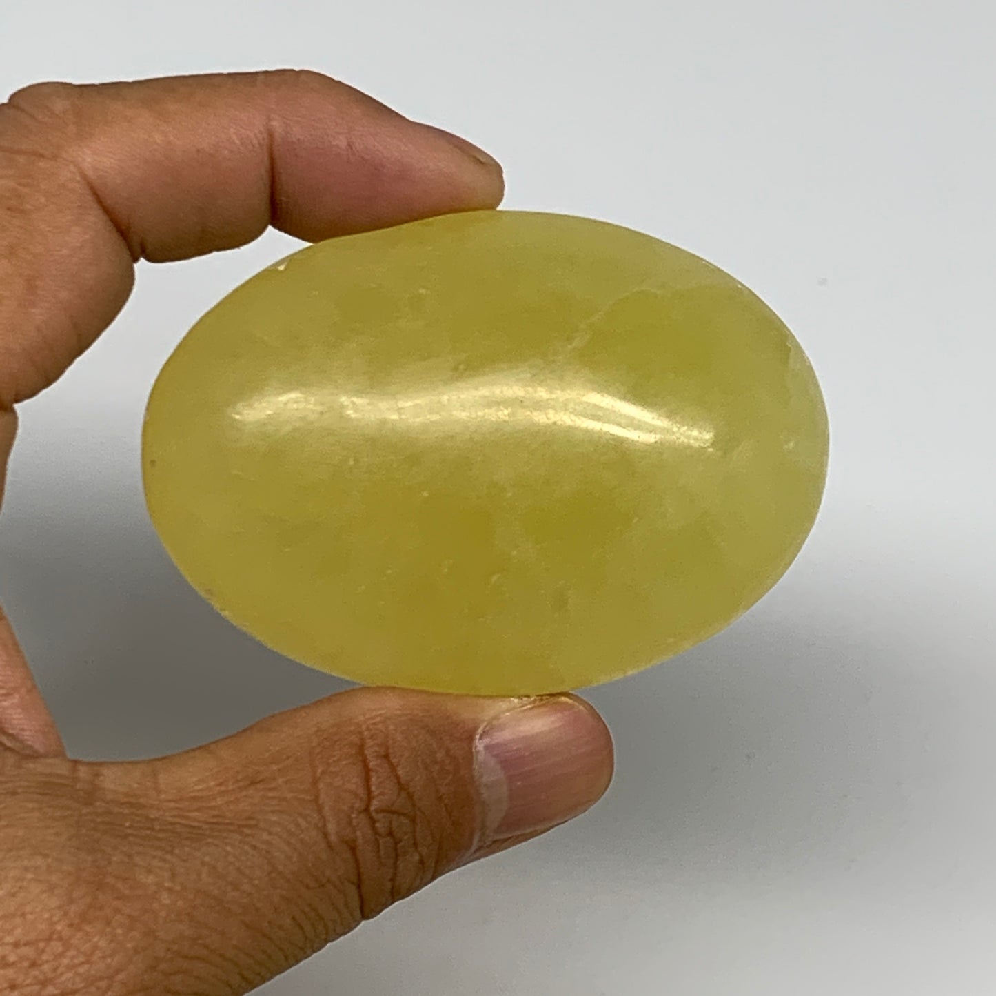 117.8g, 2.6"x1.8"x1", Lemon Calcite Palm-Stone Crystal Polished @Pakistan,B25499